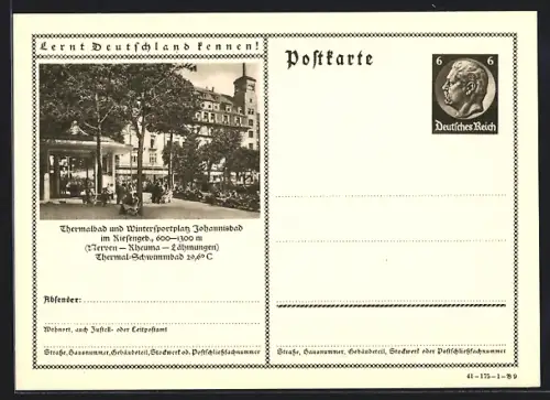 AK Johannisbad /Riesengeb., Passanten am Thermalbad, Ganzsache Lernt Deutschland kennen