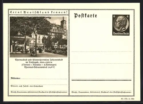 AK Johannisbad /Riesengeb., Passanten am Thermalbad, Ganzsache Lernt Deutschland kennen