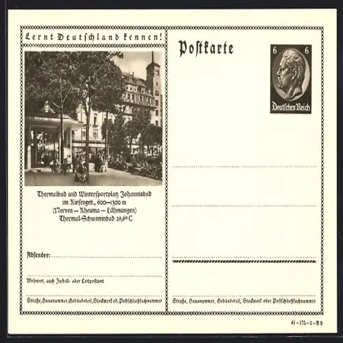AK Johannisbad /Riesengeb., Passanten am Thermalbad, Ganzsache Lernt Deutschland kennen