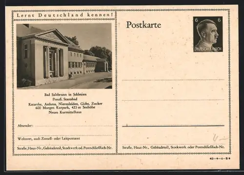 AK Bad Salzbrunn in Schlesien, Neues Kurmittelhaus des Preuss. Staatsbads, Ganzsache Lernt Deutschland kennen