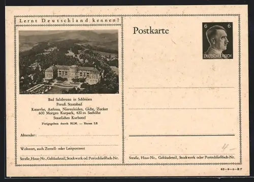 AK Bad Salzbrunn in Schlesien, Staatliches Kurhotel des Preuss. Staatsbads, Ganzsache Lernt Deutschland kennen