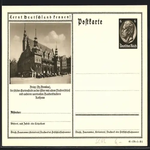 AK Brieg /Breslau, Partie am Rathaus, Ganzsache Lernt Deutschland kennen