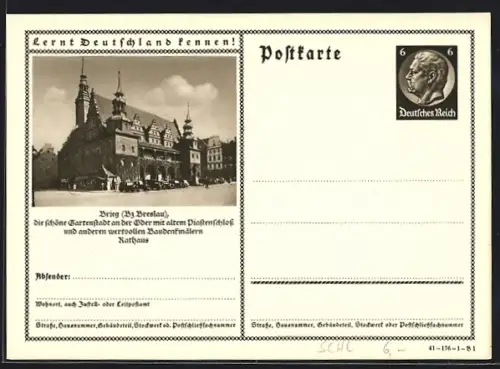 AK Brieg /Breslau, Partie am Rathaus, Ganzsache Lernt Deutschland kennen
