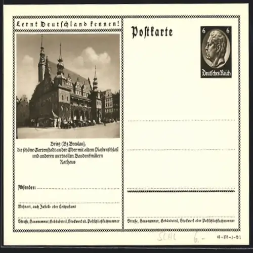 AK Brieg /Breslau, Partie am Rathaus, Ganzsache Lernt Deutschland kennen