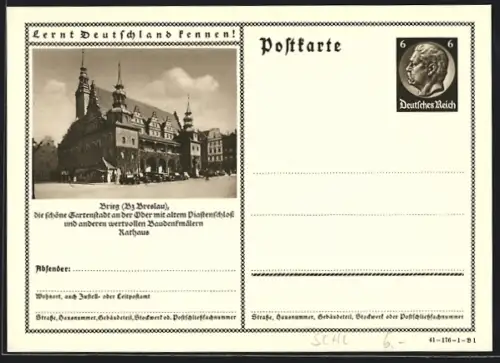 AK Brieg /Breslau, Partie am Rathaus, Ganzsache Lernt Deutschland kennen