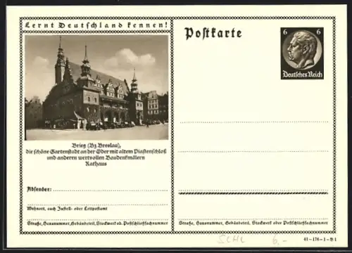 AK Brieg /Breslau, Partie am Rathaus, Ganzsache Lernt Deutschland kennen