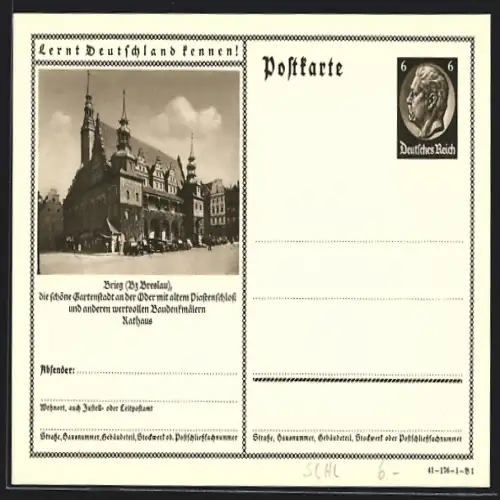 AK Brieg /Breslau, Partie am Rathaus, Ganzsache Lernt Deutschland kennen