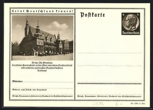 AK Brieg /Breslau, Partie am Rathaus, Ganzsache Lernt Deutschland kennen