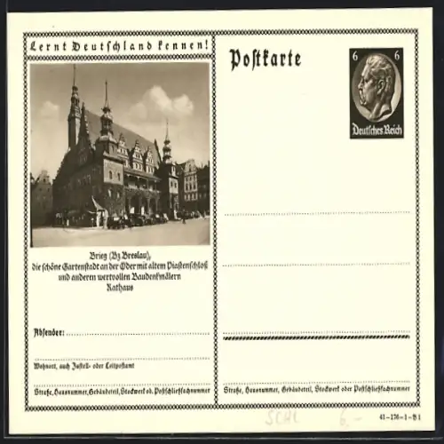 AK Brieg /Breslau, Partie am Rathaus, Ganzsache Lernt Deutschland kennen