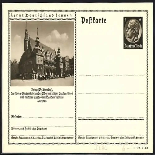 AK Brieg /Breslau, Partie am Rathaus, Ganzsache Lernt Deutschland kennen