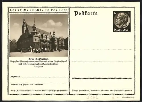 AK Brieg /Breslau, Partie am Rathaus, Ganzsache Lernt Deutschland kennen
