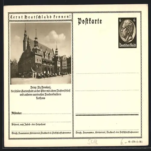 AK Brieg /Breslau, Partie am Rathaus, Ganzsache Lernt Deutschland kennen