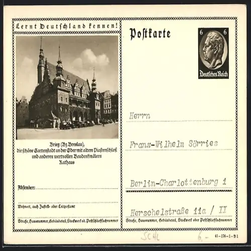 AK Brieg /Breslau, Partie am Rathaus, Ganzsache Lernt Deutschland kennen