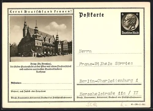 AK Brieg /Breslau, Partie am Rathaus, Ganzsache Lernt Deutschland kennen