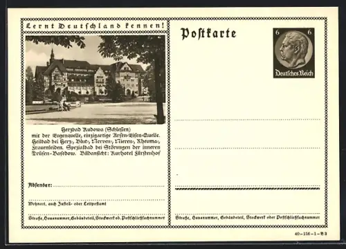 AK Rudowa /Schlesien, Kurhotel Fürstenhof, Ganzsache Lernt Deutschland kennen