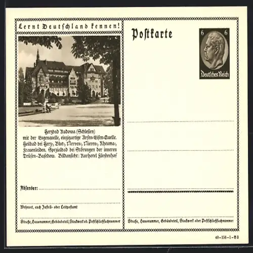 AK Rudowa /Schlesien, Kurhotel Fürstenhof, Ganzsache Lernt Deutschland kennen