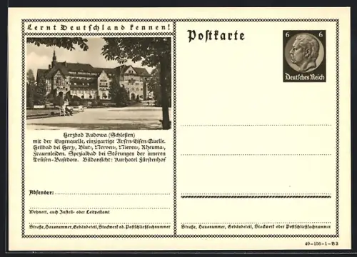 AK Rudowa /Schlesien, Kurhotel Fürstenhof, Ganzsache Lernt Deutschland kennen