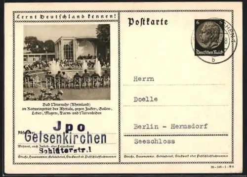 AK Bad Neuenahr /Rheinland, Kurgäste sitzen am Springbrunnen, Ganzsache Lernt Deutschland kennen