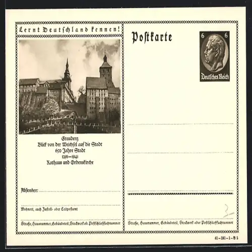 AK Graudenz /Weichsel, Rathaus und Ordenskirche, Ganzsache Lernt Deutschland kennen