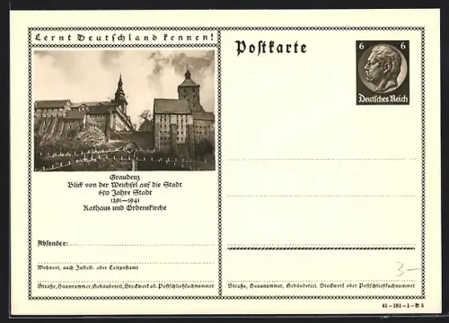AK Graudenz /Weichsel, Rathaus und Ordenskirche, Ganzsache Lernt Deutschland kennen
