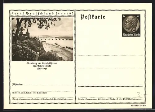 AK Graudenz /Weichsel, Ortsansicht mit Brücke, 650 Jahre Stadt 1941, Ganzsache Lernt Deutschland kennen