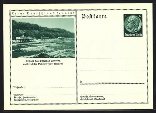 AK Ueckeritz /Usedom, Ortsansicht an der Küste, Ganzsache Lernt Deutschland kennen
