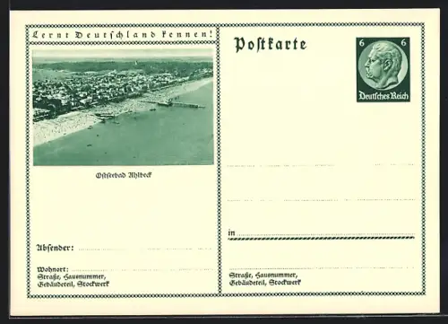 AK Ahlbeck, Ortsansicht vom Meer aus, Ganzsache Lernt Deutschland kennen
