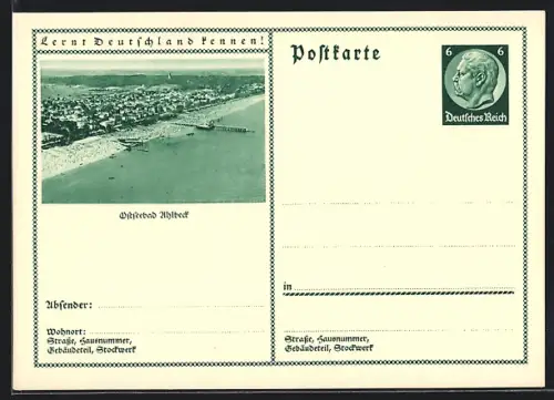 AK Ahlbeck, Ortsansicht vom Meer aus, Ganzsache Lernt Deutschland kennen