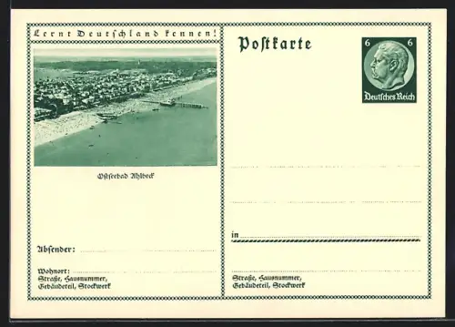 AK Ahlbeck, Ortsansicht vom Meer aus, Ganzsache Lernt Deutschland kennen