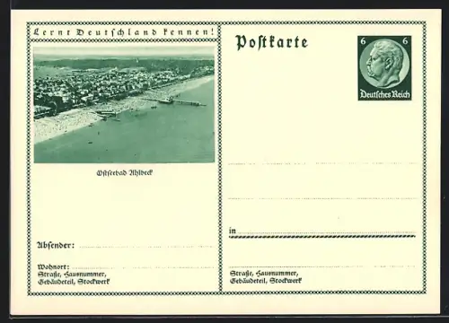 AK Ahlbeck, Ortsansicht vom Meer aus, Ganzsache Lernt Deutschland kennen