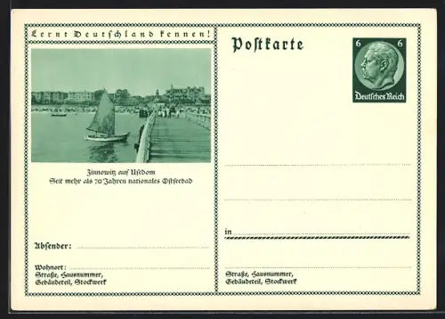 AK Zinnowitz /Usedom, Blick auf den Ort vom Steg aus, Ganzsache Lernt Deutschland kennen