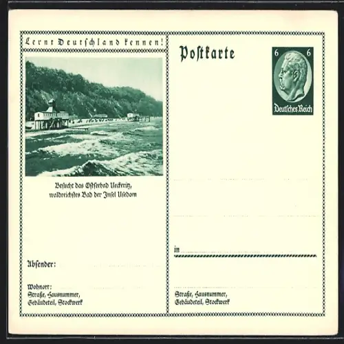AK Ueckeritz /Usedom, Ortsansicht an der Küste, Ganzsache Lernt Deutschland kennen