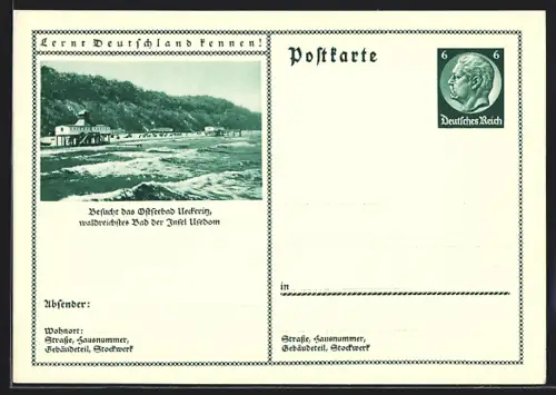 AK Ueckeritz /Usedom, Ortsansicht an der Küste, Ganzsache Lernt Deutschland kennen
