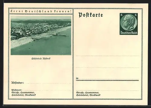 AK Ahlbeck, Ortsansicht vom Meer aus, Ganzsache Lernt Deutschland kennen