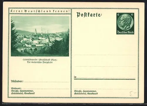 AK Habelschwerdt /Glatz, Ortsansicht mit Brücke, Ganzsache Lernt Deutschland kennen