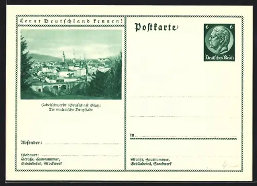 AK Habelschwerdt /Glatz, Ortsansicht mit Brücke, Ganzsache Lernt Deutschland kennen