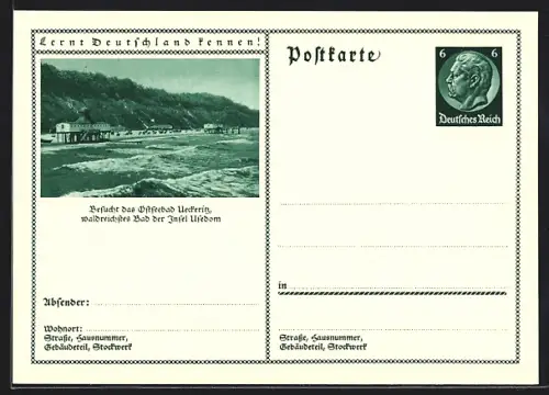 AK Ueckering /Usedom, Strandansicht vom Meer aus, Ganzsache Lernt Deutschland kennen