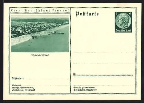 AK Ahlbeck, Küstenpanorama aus der Luft, Ganzsache Lernt Deutschland kennen
