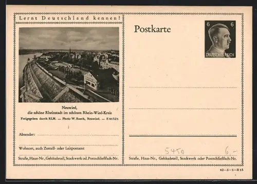 AK Neuwied /Rhein-Wied-Kreis, Blick auf das Rheinufer, Ganzsache Lernt Deutschland kennen