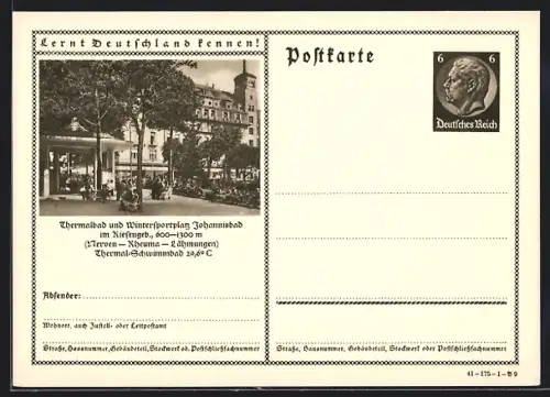 AK Johannisbad /Riesengeb., Passanten am Thermalbad, Ganzsache Lernt Deutschland kennen