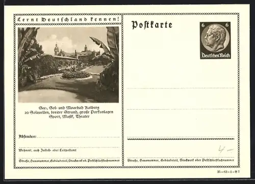 AK Kolberg, Blick in den Park, Ganzsache Lernt Deutschland kennen