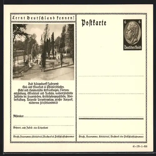 AK Bad Königsdorff-Jastrzemb, Partie im Kurpark, Ganzsache Lernt Deutschland kennen