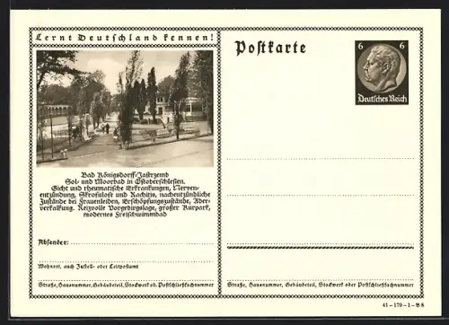 AK Bad Königsdorff-Jastrzemb, Partie im Kurpark, Ganzsache Lernt Deutschland kennen