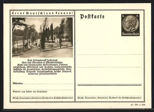 AK Bad Königsdorff-Jastrzemb, Partie im Kurpark, Ganzsache Lernt Deutschland kennen