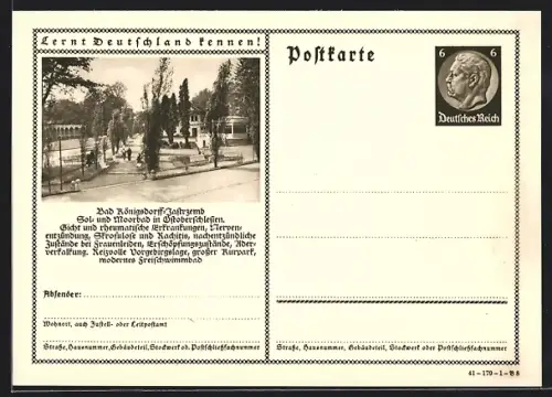 AK Bad Königsdorff-Jastrzemb, Partie im Kurpark, Ganzsache Lernt Deutschland kennen