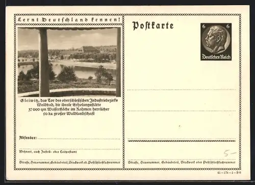 AK Gleiwitz /Oberschlesien, Blick auf die Kuranlagen, Ganzsache Lernt Deutschland kennen