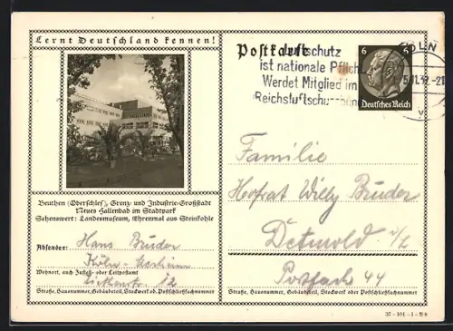 AK Beuthen /Oberschles., Neues Hallenbad im Stadtpark, Ganzsache Lernt Deutschland kennen