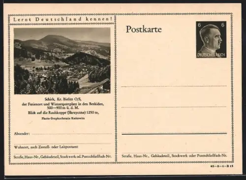 AK Schirk /Bielitz, Blick auf Rauhkoppe, Ganzsache Lernt Deutschland kennen