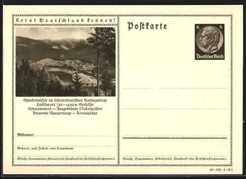 AK Spindelmühle im sudetendeutschen Riesengebirge, Ortsansicht aus der Vogelschau, Ganzsache Lernt Deutschland kennen