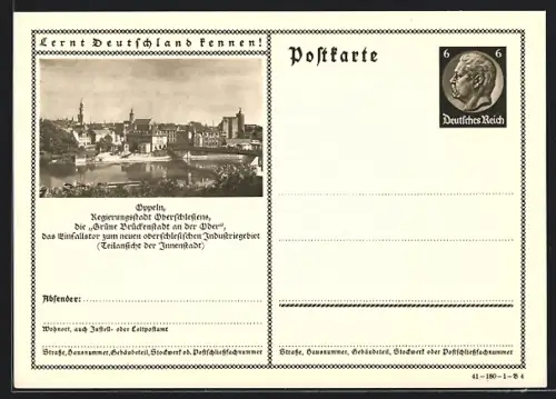 AK Oppeln /Oberschlesien, Teilansicht der Innenansicht, Ganzsache Lernt Deutschland kennen